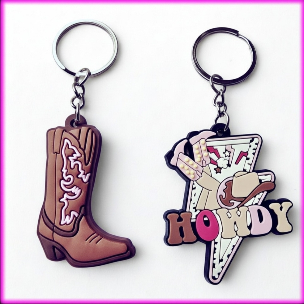 Brown Cowboy‎ Boot Keychain & Howdy Badge Keychain - Set of 2
